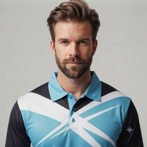 Polo à manches courtes pour homme, motif géométrique, bleu, noir, blanc, imprimé numérique, respirant, tissé en polyester, style décontracté - Product Image 1