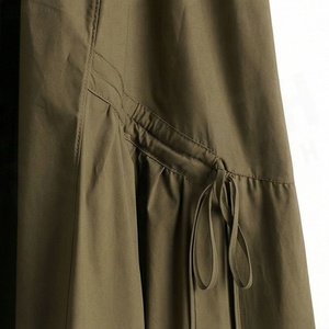 Jupe midi évasée pour femme, taille élastique, cordon de serrage, poches, couleur unie, style décontracté, vert olive, mélange polyester-coton - Product Image 5