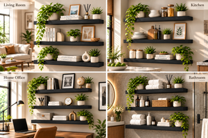 Ensemble de 3 étagères murales flottantes noires, présentoir en bois moderne avec supports cachés pour le salon - Product Image 4