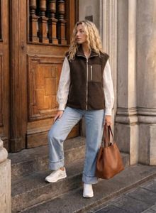 Gilet en polaire sherpa marron rouille pour femme, le plus vendu, avec poche poitrine zippée contrastante, col montant, style décontracté, OEM - Product Image 5