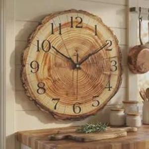 Horloge murale en bois rustique à motif délicat, ronde, analogique, à quartz, silencieuse, décoration de cuisine - Product Image 1