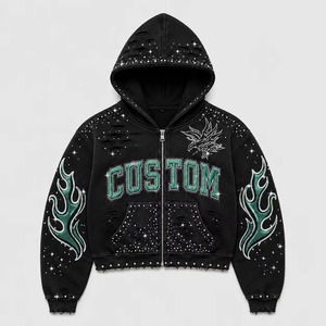 Sweat à capuche zippé personnalisé noir avec strass motif flamme, effet vieilli, coupe oversize, style streetwear Y2K, graphique clouté, épais, vintage pour homme - Product Image 1