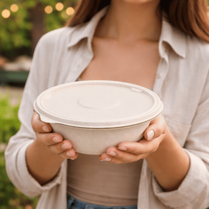 Bol en bagasse compostable avec couvercle |   Conteneur alimentaire écologique en fibre de canne à sucre |   Bol jetable résistant aux fuites et compatible micro-ondes - Product Image 1