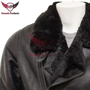 <b>Mens</b> Real Black Leather <b>Jacket</b> Fur Collar B3 Bomber Aviator <b>Shearling</b> Flight Coat Custom Classic Winter Warm Outwear Fashion New - Product Image 3