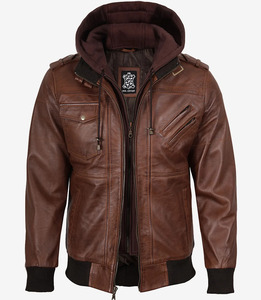 Veste bomber en cuir marron cognac sur mesure pour homme |   Capuche amovible |   Fabricant OEM - Product Image 6