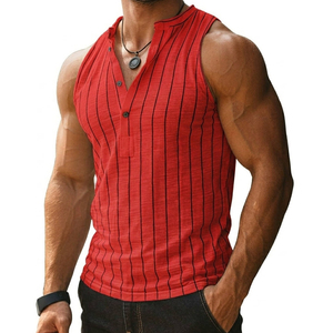 Custom Men's Sleeveless Henley Shirt Pinstripe Muscle Tank Top Wholesale Mandarin Collar Athletic Summer <b>Vest</b> Tank Tops For Men - Product Image 4