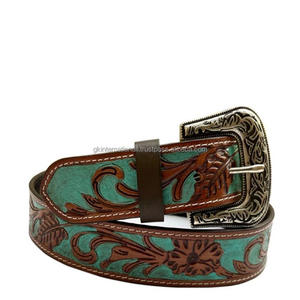 New Personalized Hand Tooled Leather Western <b>Belt</b> with Designer Buckle Turquoise Full Grain Leather Tooling <b>Belt</b> for unisex - Product Image 4