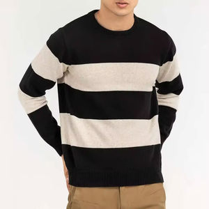BIGWOOD SPORTS Pull en tricot rayé à col rond pour homme Coupe classique Pull décontracté d'automne Noir et beige Manches longues - Product Image 1