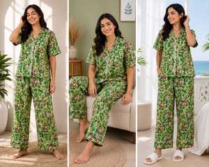Conjunto de Pijama de Dos Piezas de Lujo para Mujer, de Algodón con Estampado Floral, Cuello en V, Cierre de Botones, Manga Corta, Largo Completo, Elegante, Casual, Transpirable para Verano - Product Image 3