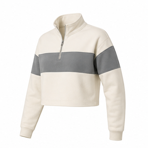 Customize Pearl Grey <b>Womens</b> Modern <b>Half</b> <b>Zip</b> Cropped <b>Sweatshirt</b> Two Tone Organic Cotton - Product Image 1