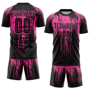 Uniforme de Fútbol Personalizado con Diseño de Goteo de Pintura Negro y Rosa, Nombre y Número del Equipo Personalizados, Camiseta y Pantalones Cortos de Fútbol, Kit Completo para Hombre y Jóvenes - Product Image 1