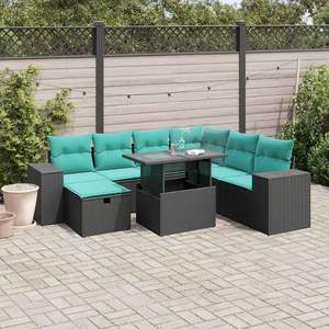 Ensemble de canapés de jardin en polyrotin noir, 8 pièces, avec coussins - Product Image 1