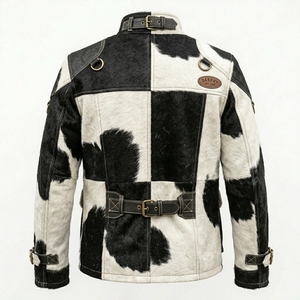 Chaqueta de cuero con pelo de vaca personalizada al por mayor para hombre, estilo desgastado, con retazos geométricos y múltiples bolsillos, para exteriores. - Product Image 2