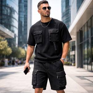 Conjunto de Camiseta y Pantalones Cortos Cargo Tácticos Transpirables Negros para Hombre, Ropa de Calle, Moda de Verano, Conjunto Informal de Dos Piezas, 100% - Product Image 6