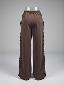Pantalon de jogging ample et oversize en molleton marron à taille haute avec lacets latéraux et motif à pois pour femme - Product Image 4