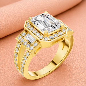 Anillo de Compromiso con Diamante Cultivado en Laboratorio, Corte Esmeralda, Certificado IGI, Claridad VVS1-VVS2, Chapado en Rodio, Oro Amarillo, Halo Vintage - Product Image 3
