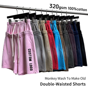 100% Cotton Double-Waistband Shorts Stonewashed Distressed Finish Bermuda Shorts Monkey <b>Spray</b> Vintage Fading Elastic Waist Solid - Product Image 4