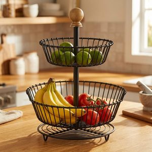 Soporte de 2 Niveles para Frutas y Verduras, Hecho a Mano en Hierro Negro y Madera de Mango, 28 cm, Decoración para el Hogar, Regalo para Bodas y Hoteles - Product Image 2