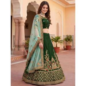 Graceful Green Thread Embroidered Silk <b>Wedding</b> Lehenga Choli - Product Image 4