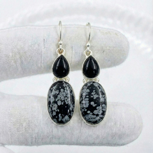 Boucles d'oreilles pendantes pour femmes en argent sterling 925 massif, faites à la main, avec plusieurs pierres précieuses, serti clos, flocon de neige et onyx - Product Image 2