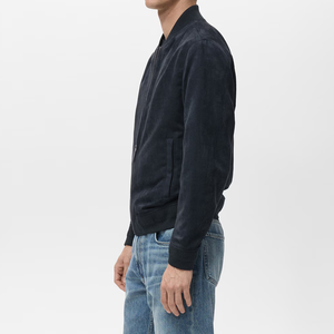 Men's Navy <b>Suede</b> Bomber <b>Jacket</b> Stand Collar Zipper Closure Casual Regular Fit Autumn Wear - Product Image 4