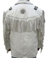 Manteau en cuir blanc à franges pour homme, veste décorative à jugulaire et pompons, style western, festival, mode campagnarde, orné de perles, en daim de vache original