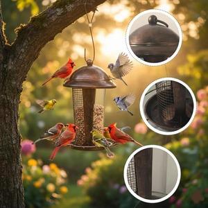 Mangeoire à oiseaux vintage en métal, bain pour oiseaux suspendu, résistant aux intempéries et à la rouille, ornement de jardin pour la cour. - Product Image 5