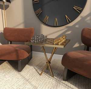 Mesa de ajedrez moderna de metal con marco dorado y tapa de vidrio para sala de estar, mueble decorativo - Product Image 1