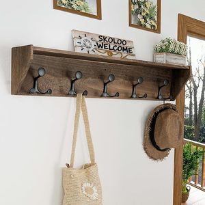 Estante de Pared Rústico de Madera Maciza con 5 Ganchos Metálicos, Ecológico, de 35 Pulgadas, Perchero para Entrada - Product Image 5