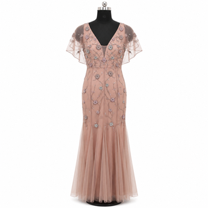 Robe de soirée de luxe pour femmes, brodée de fleurs |   Robe longue élégante en tulle à col en V, tenue de soirée haut de gamme, pour réception de mariage, création de designer - Product Image 1