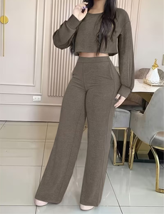 Women 2-Piece <b>Knitted</b> <b>Set</b> Gray Full Sleeve Crop Top High Waist Wide Leg Pants Casual Solid Color All Seasons Loose Fit - Product Image 5