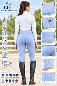 Women's Light Blue Equestrian Riding Pants with White Lace Detail Nylon Spandex Full Length Leggings for Horse Riding - Product Image 3