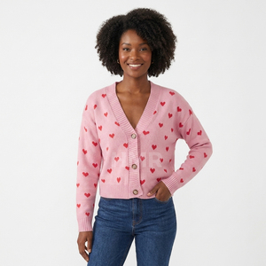 Cárdigan de Punto Acrílico con Estampado de Corazones Rosados de la Hermandad HMR, Manga Larga, Estilo Casual, Largo Regular - Product Image 1