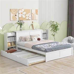 Queen Size Storage Platform Bed with White Pull-Out Shelves & Twin XL Trundle Up-Holstered Furniture - Product Image 1