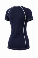 Haut de sport respirant et écologique à manches courtes pour femme, bleu marine, en spandex et polyester, séchage rapide, idéal pour la vente en gros