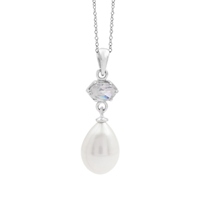 Collar con Colgante de Plata de Ley 925 con Topacio Blanco de Corte Ovalado y Perla de Agua Dulce, Estilo Clásico para Mujer, para Bodas y Fiestas - Product Image 2
