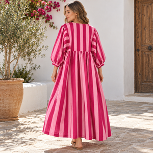 Striped Maxi <b>Dress</b> Women V-Neck Puff Sleeve <b>Loose</b> Fit Cotton Summer Casual Long <b>Dress</b> With Pockets Flared Hem - Product Image 2