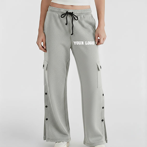 Women's <b>Light</b> Grey Cargo Sweatpants Wide Leg Drawstring <b>Trousers</b> Side Pocket Button Detail Casual Streetwear Lounge Pants Custom - Product Image 4