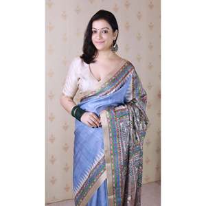 Sari en soie Tussar imprimé Madhubani Elite Weaves avec bordure tissée en zari, gris poussiéreux, robe de soirée, 450g - Product Image 3