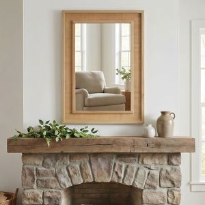 Specchio Decorativo Rettangolare 20"x30" con Cornice in Legno Massello e Rattan, Colore Legno Naturale, per Bagno, Casa, Ingresso, Stile Rustico - Product Image 3