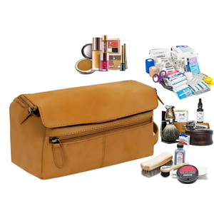 Bolsa de Cosméticos Clásica de Cuero, Tamaño Mediano, Cierre de Cremallera, Organizador de Artículos de Aseo Multifuncional para Viaje, Color Bronceado - Product Image 2