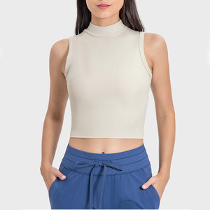 Top Corto de Punto Acanalado con Cuello Alto para Mujer, Sin Mangas, Ajustado, Transpirable, Informal, de Color Sólido, de Secado Rápido, para Fitness y Yoga - Product Image 1