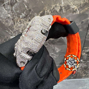 Custom VVS Diamond Studded Digital Wrist <b>Watch</b> Octagonal <b>Case</b> Orange Strap Designer <b>Watch</b> For Men - Product Image 2