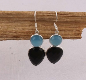 Natural Blue Chalcedony & Black Onyx <b>Earrings</b> 925 <b>Sterling</b> <b>Silver</b> Two-Stone Geometric <b>Dangle</b> <b>Earrings</b> Handmade Boutique Jewelry - Product Image 3