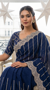 AARA Fashion Elegante Saree de Seda Azul Marino con Bordado Plateado, Estilo Tradicional Indio Pakistaní para Mujer, Ideal para Bodas - Product Image 2
