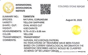 Zafiro amarillo ovalado natural de 4.92 quilates de Sri Lanka, piedras preciosas sueltas para la fabricación de joyas y anillos, tabla Ratti 5.25 YSOIN-140 - Product Image 6