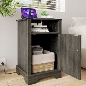 Dark Gray <b>Rustic</b> Wooden Farmhouse Nightstand Tall <b>Bedside</b> End <b>Table</b> with Electrical Outlets and Charging Station - Product Image 5