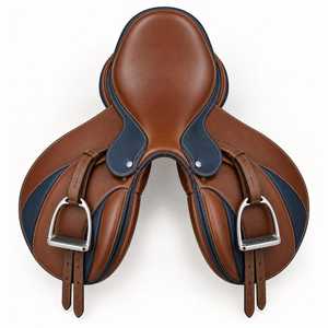 Silla de Montar Inglesa de Cuero Duradera para Escuelas y Clubes de Equitación, Silla de Montar Inglesa de Cuero Marrón y Azul Marino con Estribos - Product Image 3