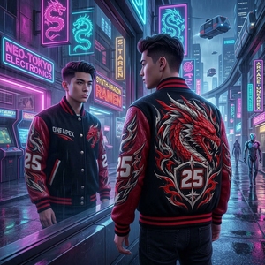 Blouson Bomber Homme Personnalisé avec Motif Dragon, Manches en Cuir Noir et Rouge, Style Racing Streetwear, Veste Tendance ONEAPEX, Manteau d'Extérieur - Product Image 3