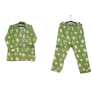 Ensemble de pyjama imprimé bloc de coton 100% vêtements de nuit à fleurs PJ pour l'été et le printemps chemise de nuit tricotée décontractée respirante et douce - Product Image 1